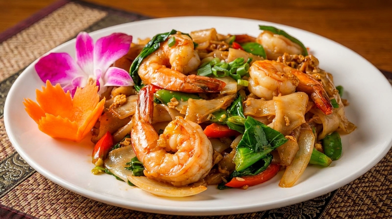 Pad See Ew with large shrimp, wide noodles, and green vegetables, garnished with a purple orchid.