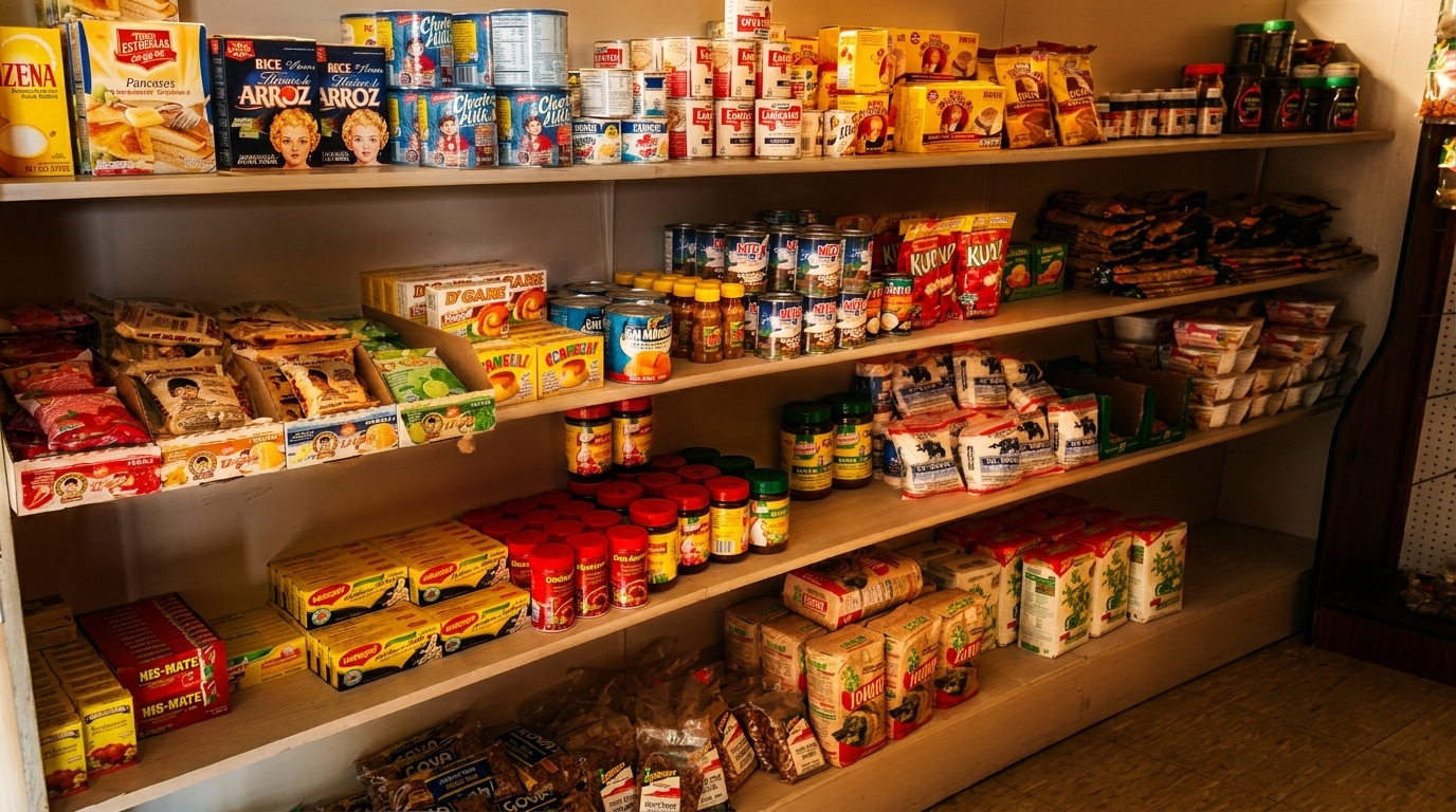 Shelves filled with various packaged food items, including rice, canned goods, and spices.