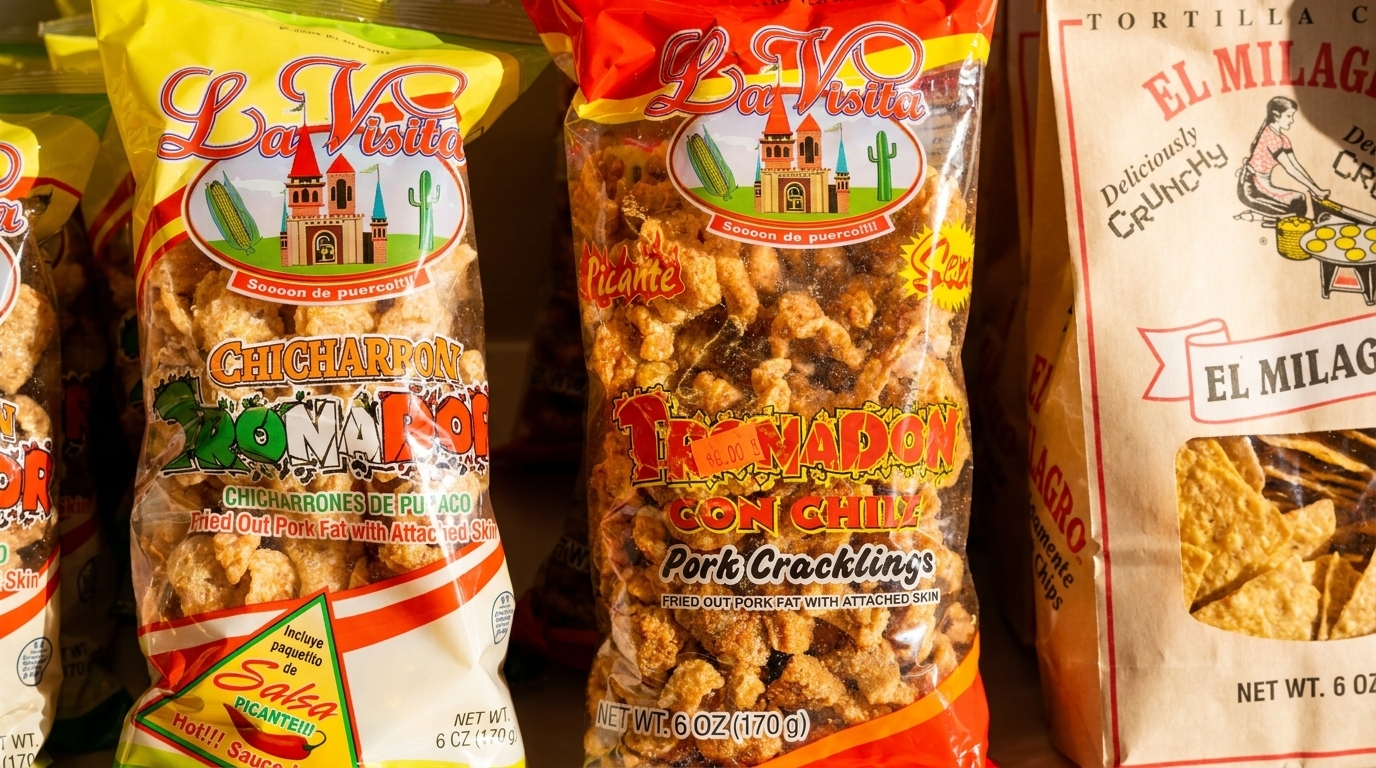 Bags of La Visita pork cracklings and El Milagro tortilla chips displayed in a store.