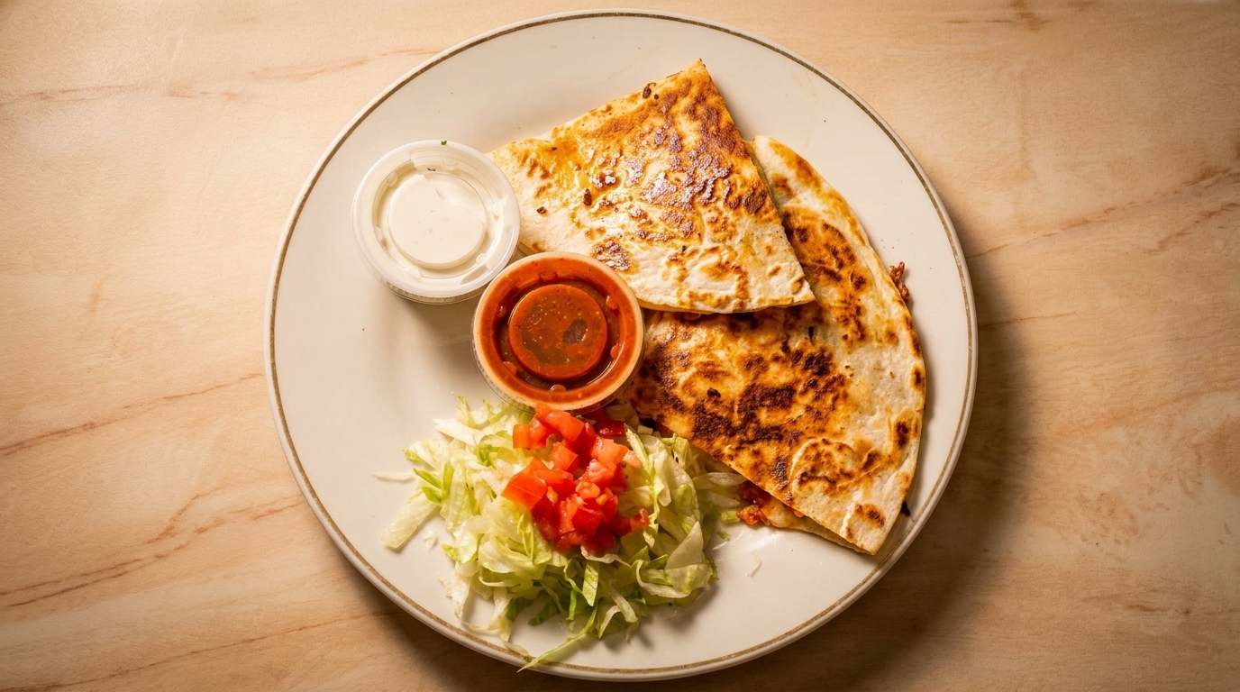 Golden-brown quesadillas with salsa, sour cream, shredded lettuce, and diced tomatoes on a white plate.