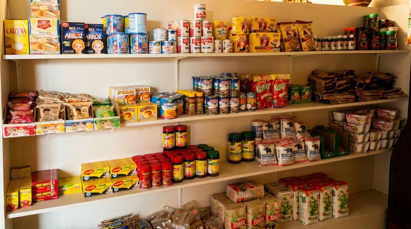 Shelves filled with various packaged and canned food products, including rice, spices, and snacks.