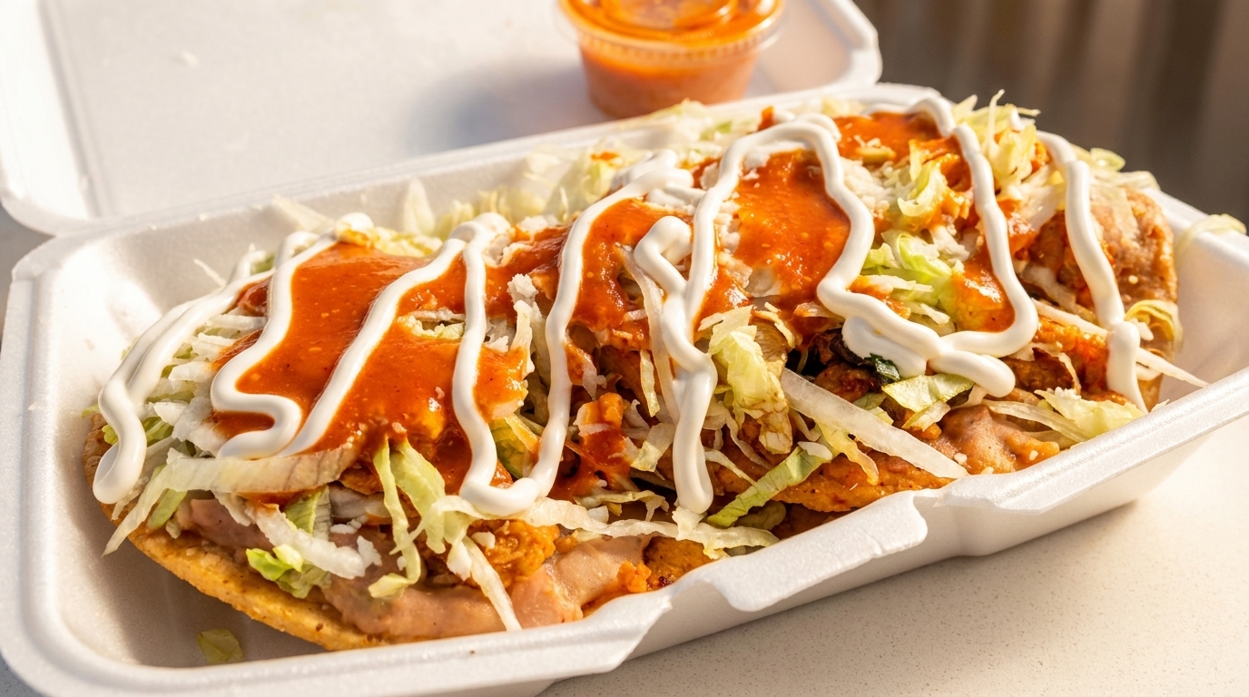 A large Mexican tostada with beans, meat, lettuce, red sauce, and crema in a takeout container.