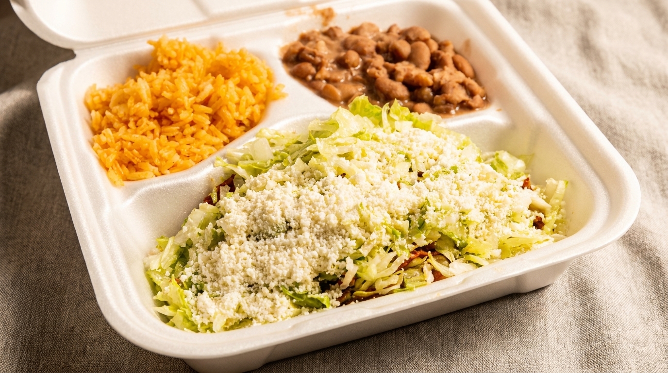 Mexican takeout container with rice, beans, and a large portion of lettuce and cheese.