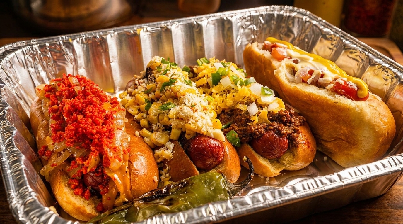 Three gourmet hot dogs with diverse toppings, including chili, corn, and spicy red crumbs, in a foil tray.