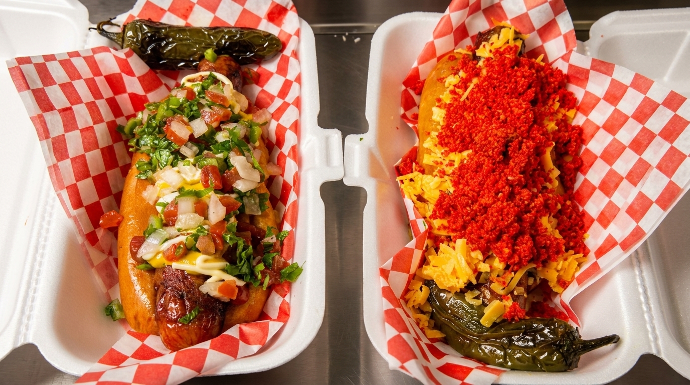 Two hot dogs in takeout containers, one with pico de gallo, the other with cheese and red spice.