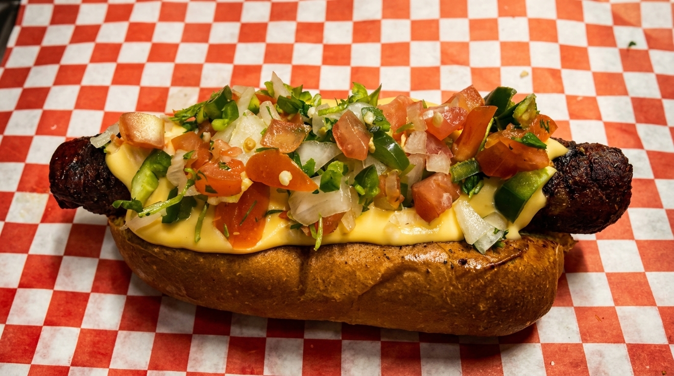 Grilled hot dog with melted cheese, diced tomatoes, onions, and green peppers on a bun.