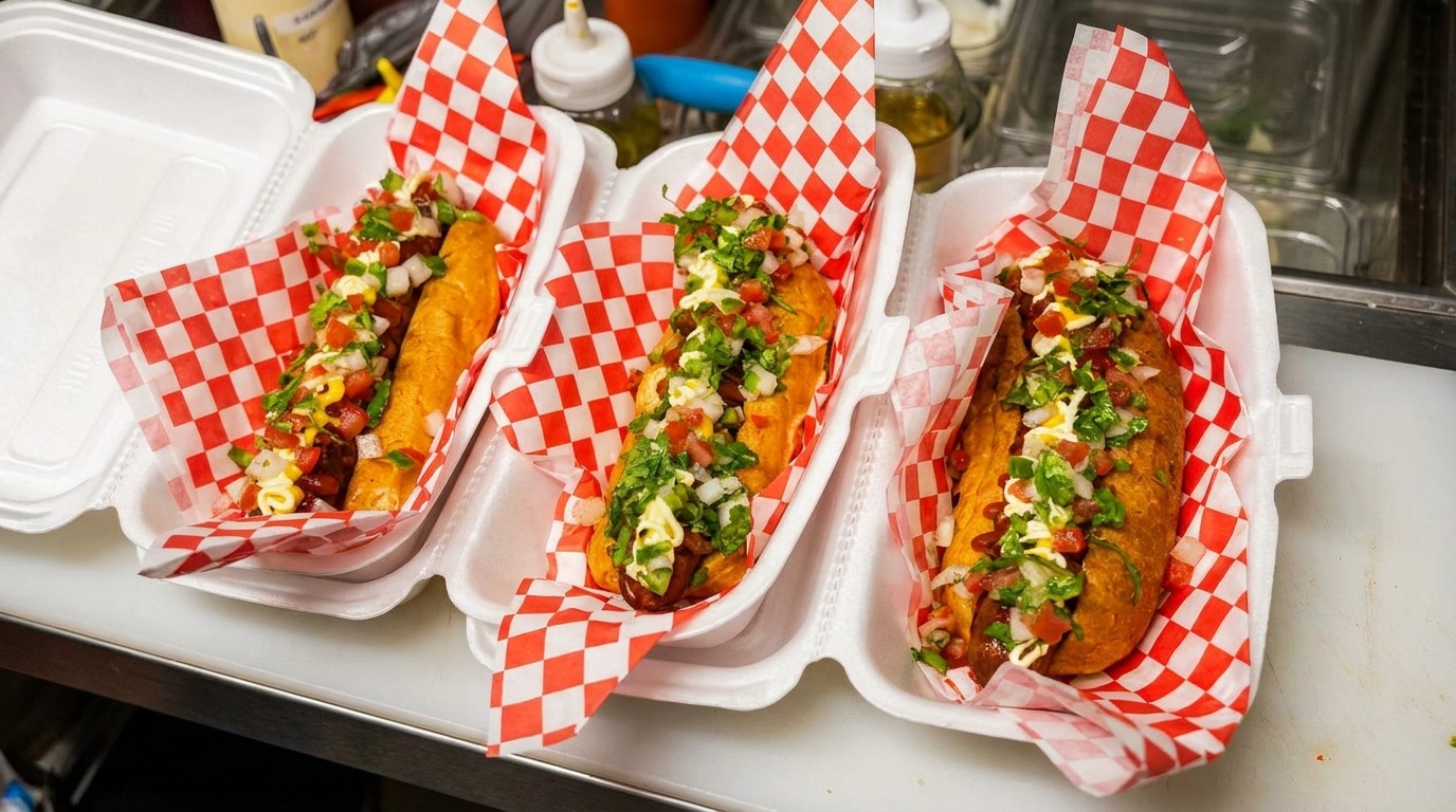 Three Sonoran hot dogs in white foam containers with red and white checkered paper.