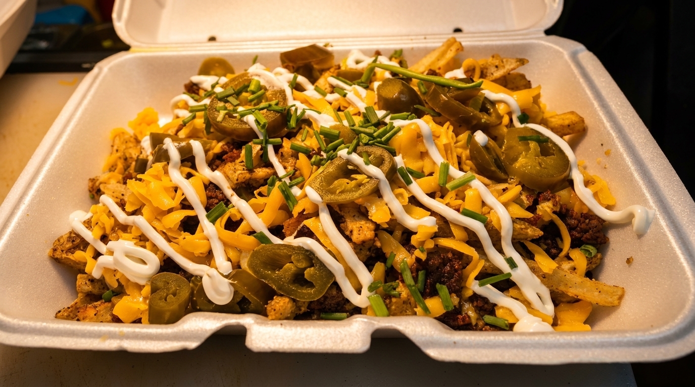 Loaded fries with shredded cheese, ground meat, jalapeños, sour cream, and chives in a takeout container.