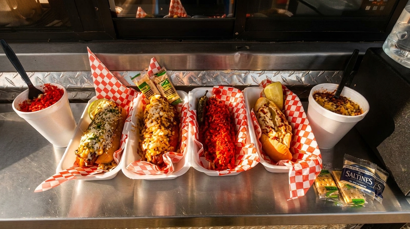 Four loaded hot dogs and two cups of corn, one with red seasoning, on a metal surface.