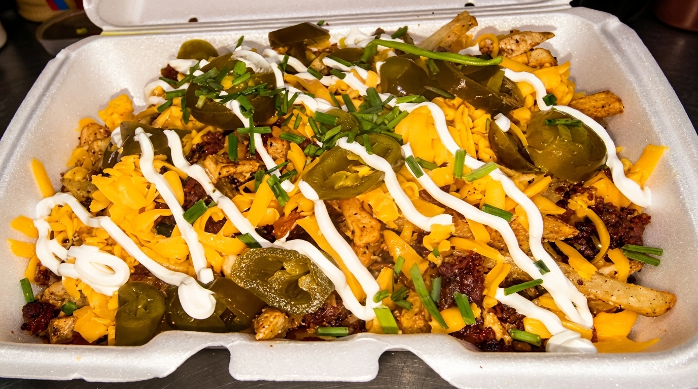 Loaded fries with cheese, chicken, bacon, jalapeños, sour cream, and chives in a styrofoam container.