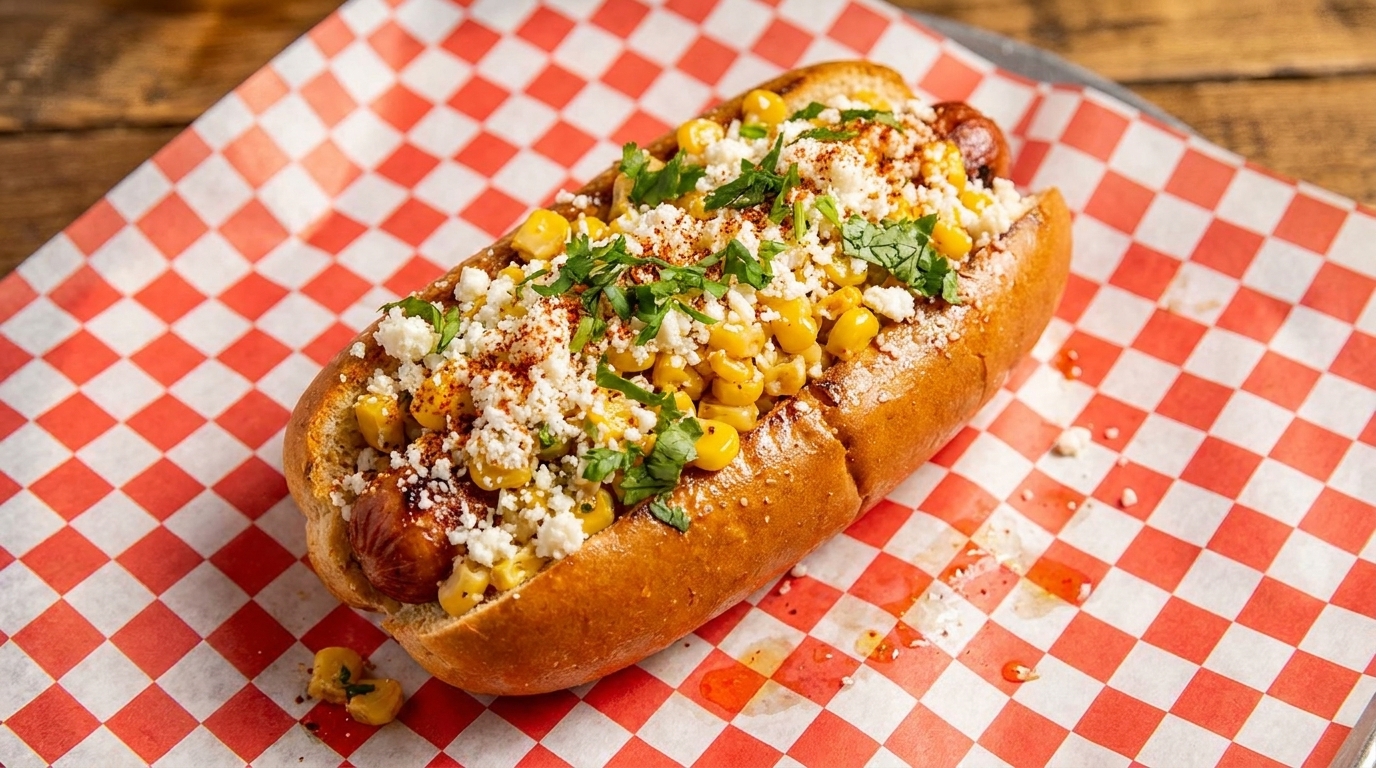 Elote hot dog with corn, cotija cheese, cilantro, and chili powder on red checkered paper.
