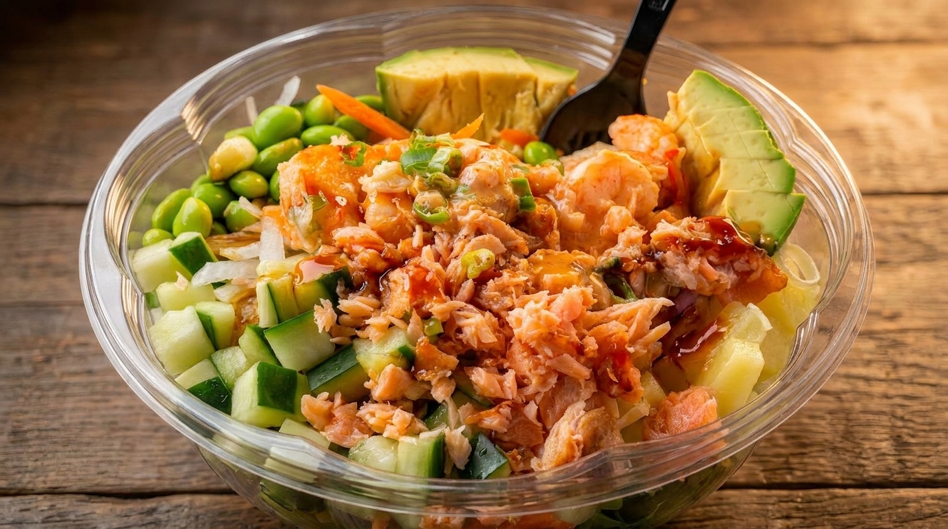 A clear plastic bowl filled with a colorful poke bowl, featuring salmon, avocado, edamame, and cucumber.