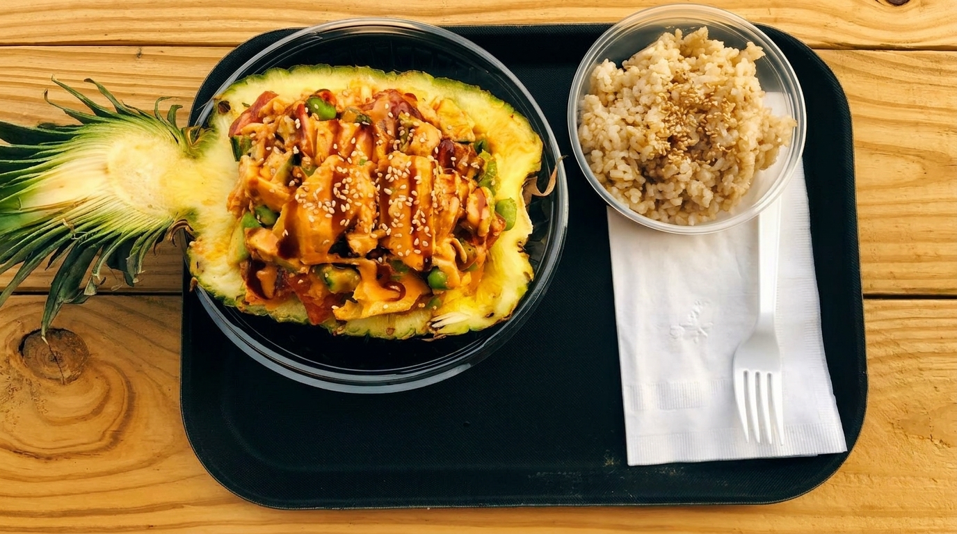 Pineapple bowl with chicken, vegetables, sauce, sesame seeds, and a side of rice on a tray.