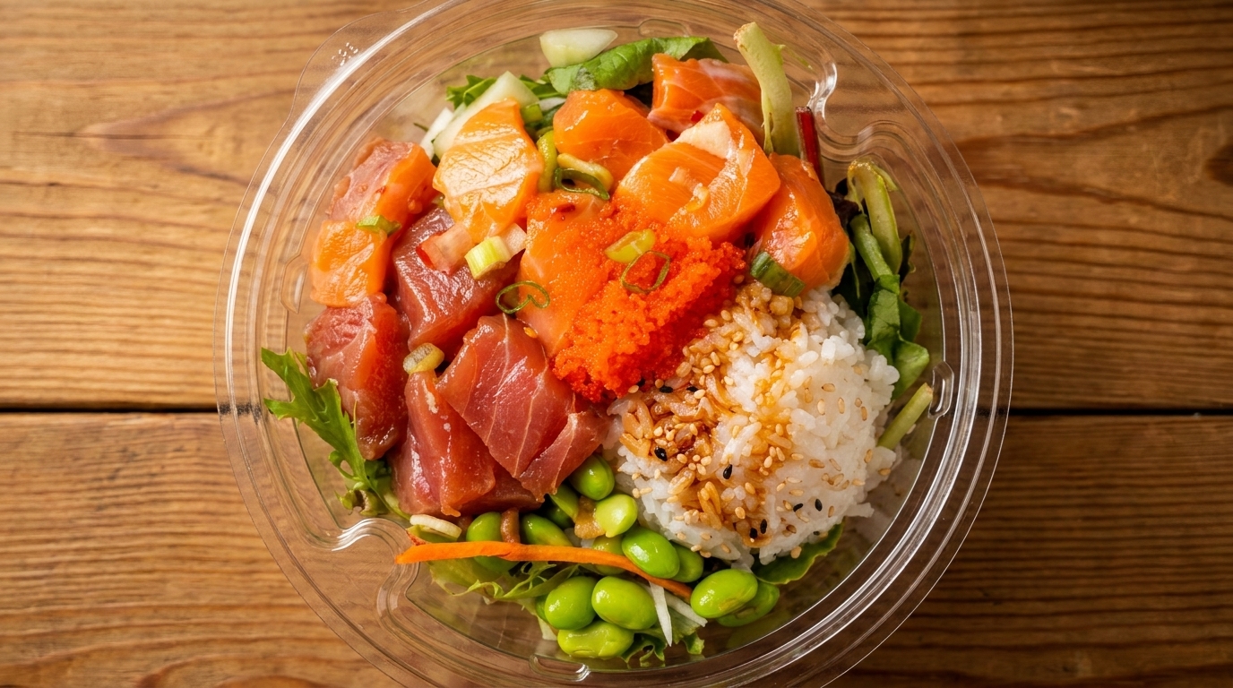 A colorful poke bowl with tuna, salmon, roe, rice, edamame, and greens in a clear plastic container.
