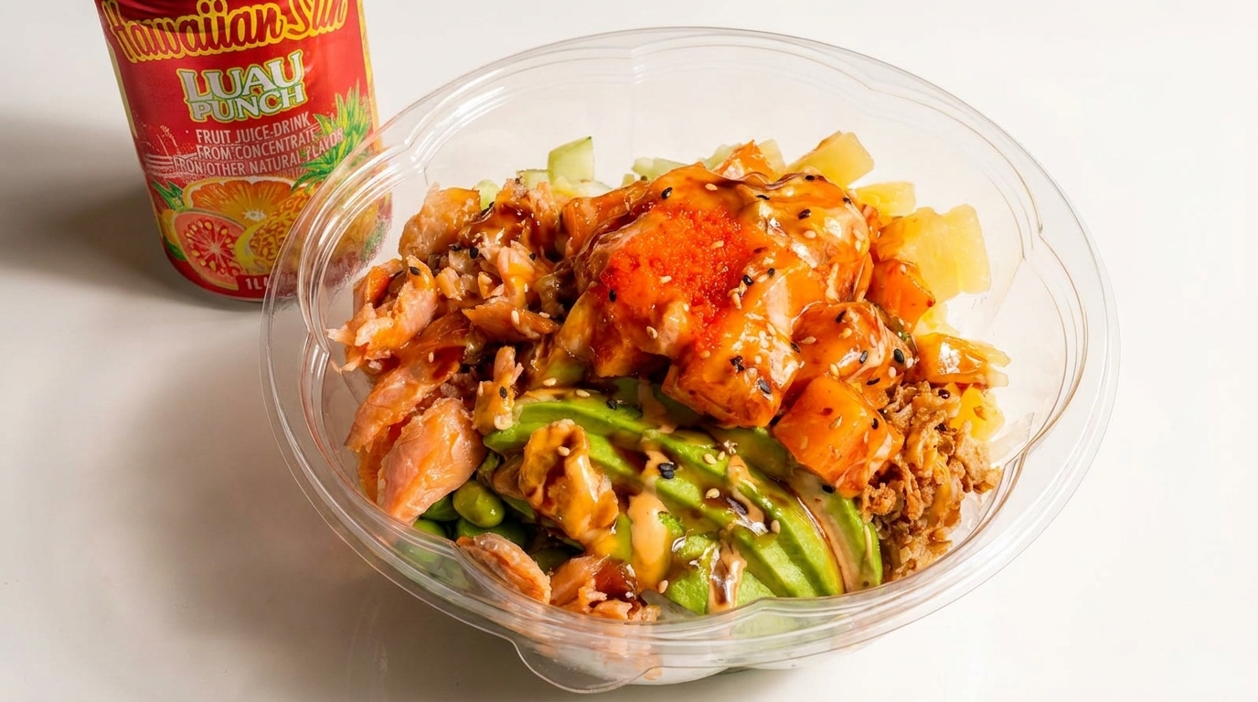 Poke bowl with salmon, avocado, pineapple, and roe, next to a Hawaiian Sun Luau Punch.