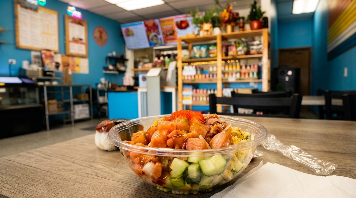 A poke bowl with salmon, tuna, and cucumber sits on a wooden table in a restaurant.