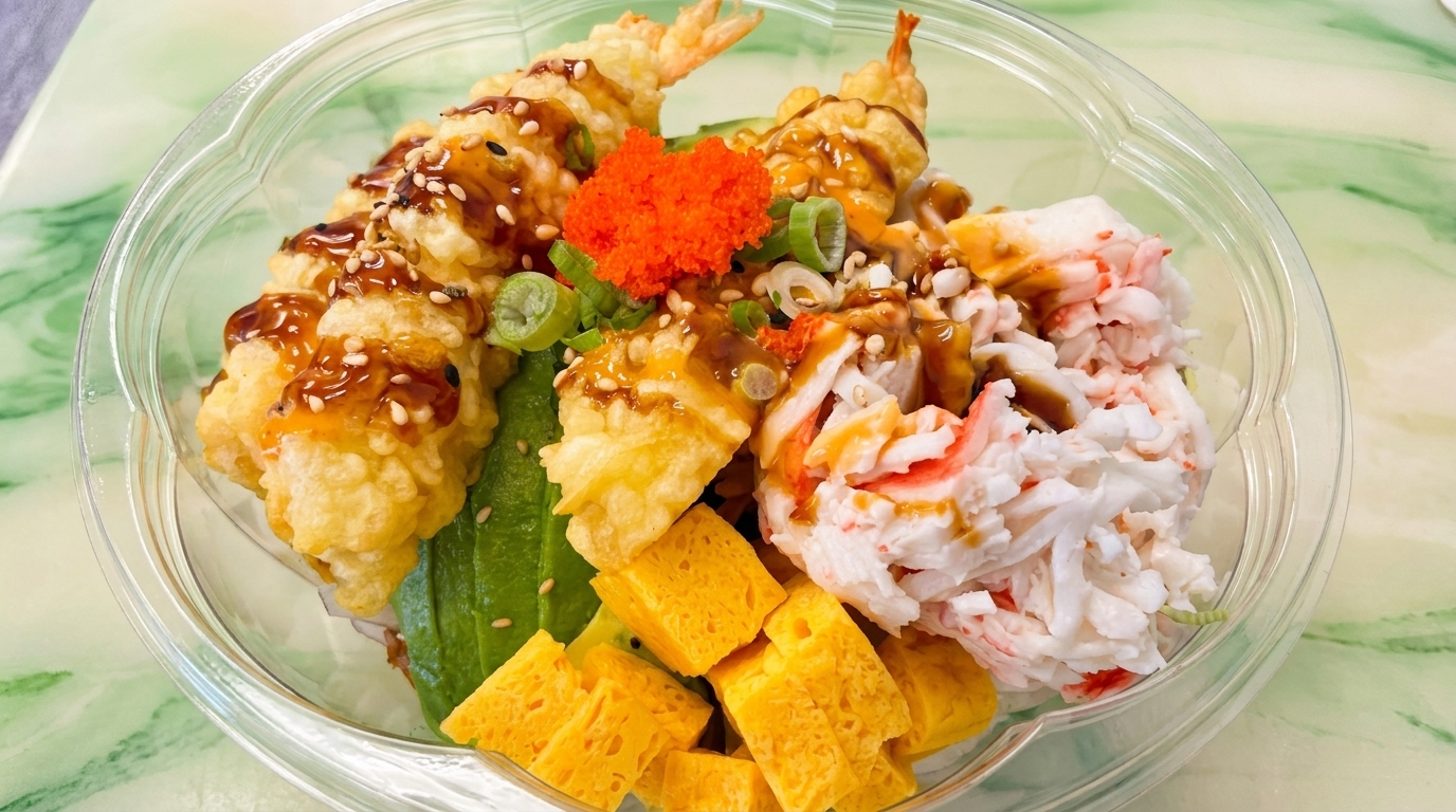 A clear plastic bowl filled with tempura shrimp, crab meat, avocado, tamago, and roe.