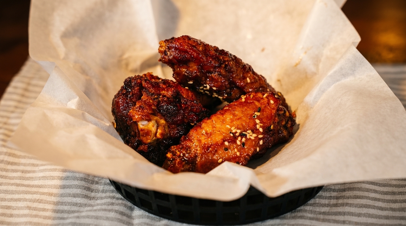 Three crispy, glazed chicken wings with sesame seeds in a basket lined with parchment paper.