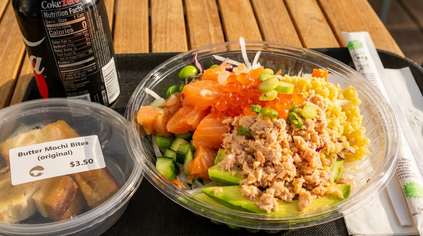 A poke bowl with salmon, tuna, avocado, and roe, with mochi bites and a Coke Zero.
