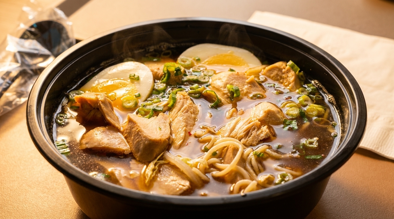 Steaming bowl of ramen with chicken, noodles, soft-boiled eggs, and green onions in a black bowl.