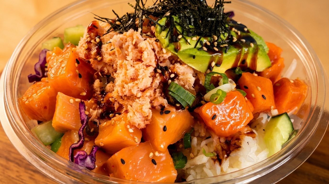 Close-up of a poke bowl with salmon, avocado, crab, seaweed, and sesame seeds.