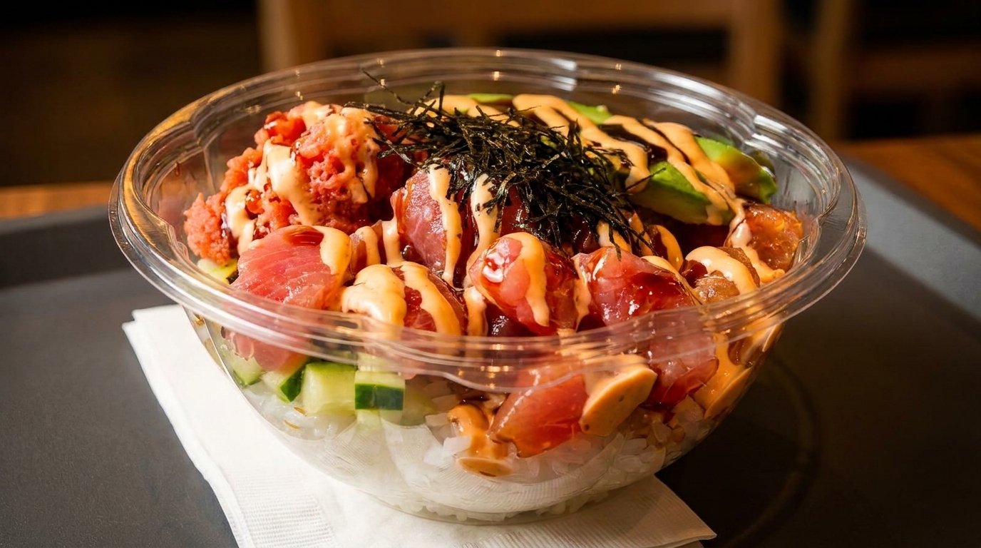 A clear plastic bowl filled with a poke bowl, featuring tuna, avocado, seaweed, and sauce.