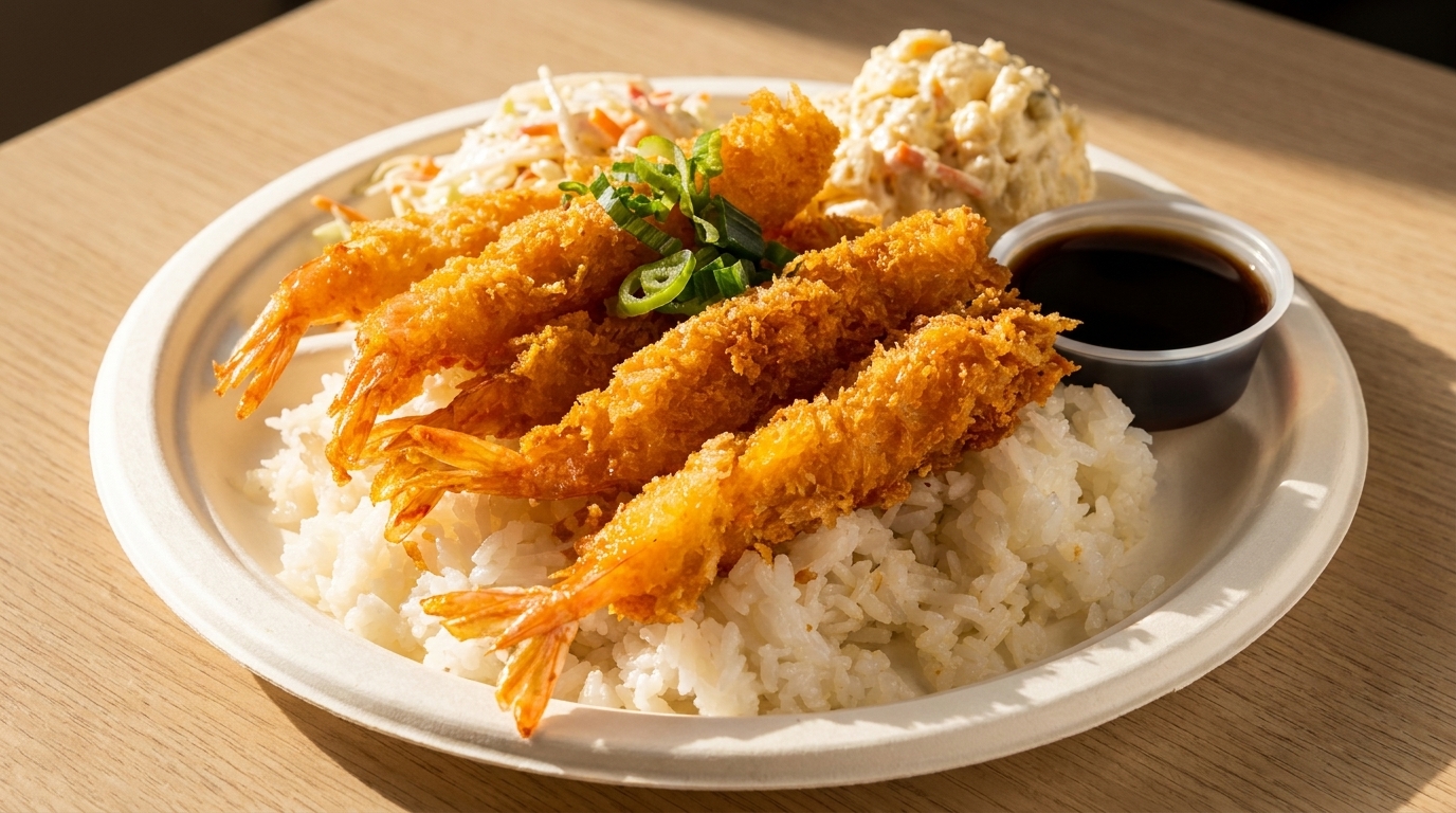 Crispy fried shrimp with rice, coleslaw, macaroni salad, and dipping sauce on a white plate.