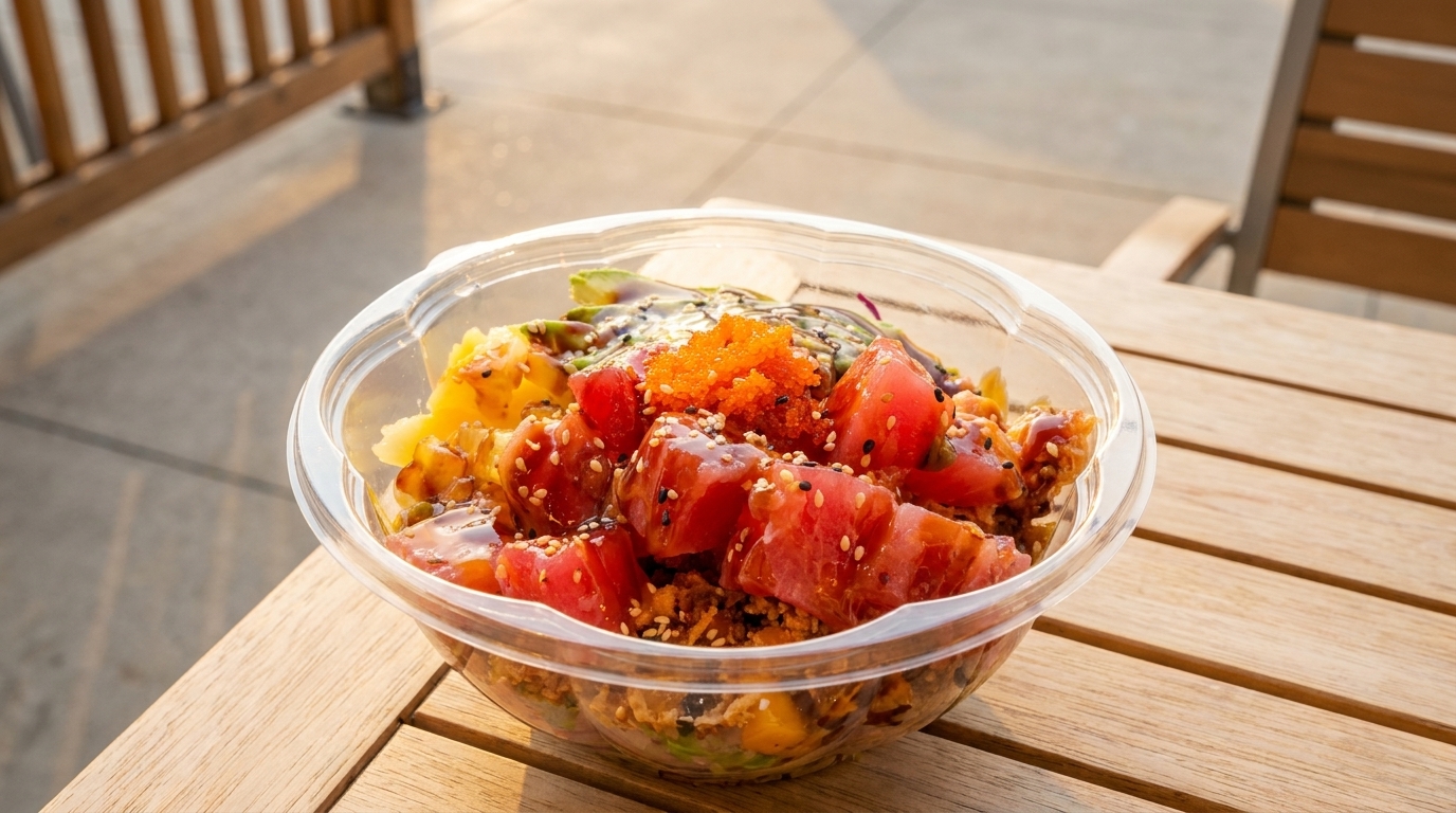 A fresh poke bowl with tuna, avocado, and roe sits on a wooden outdoor table.