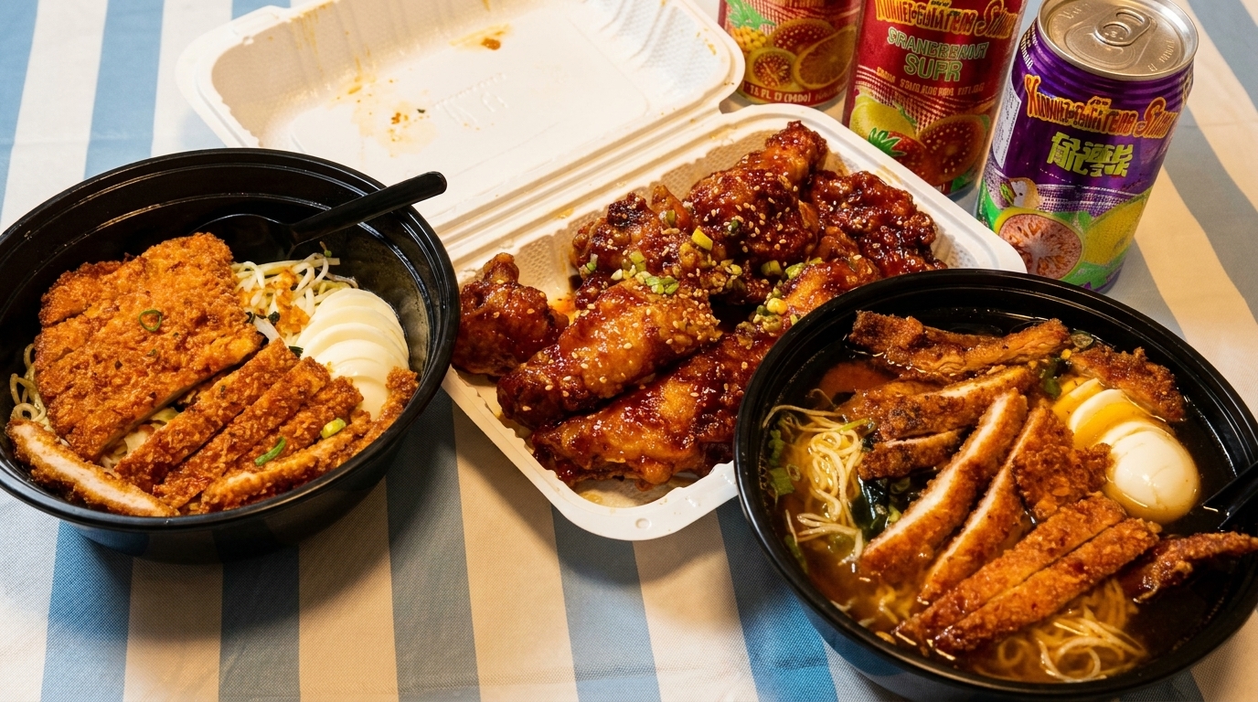 Two bowls of ramen with crispy pork cutlets, a container of glazed chicken wings, and two soda cans.