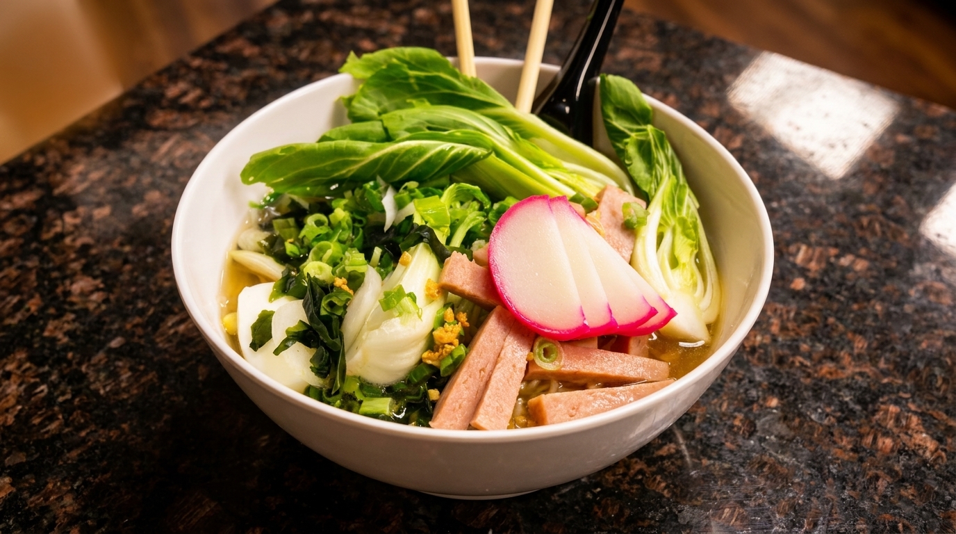 A bowl of ramen with bok choy, green onions, spam, and a pink-rimmed fish cake.