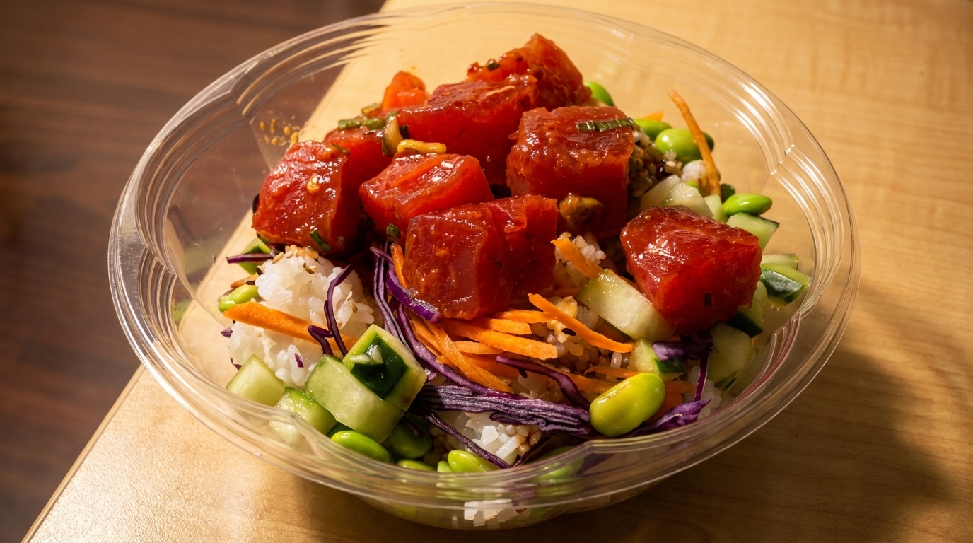 A vibrant poke bowl with large cubes of tuna, rice, edamame, carrots, and cucumber.