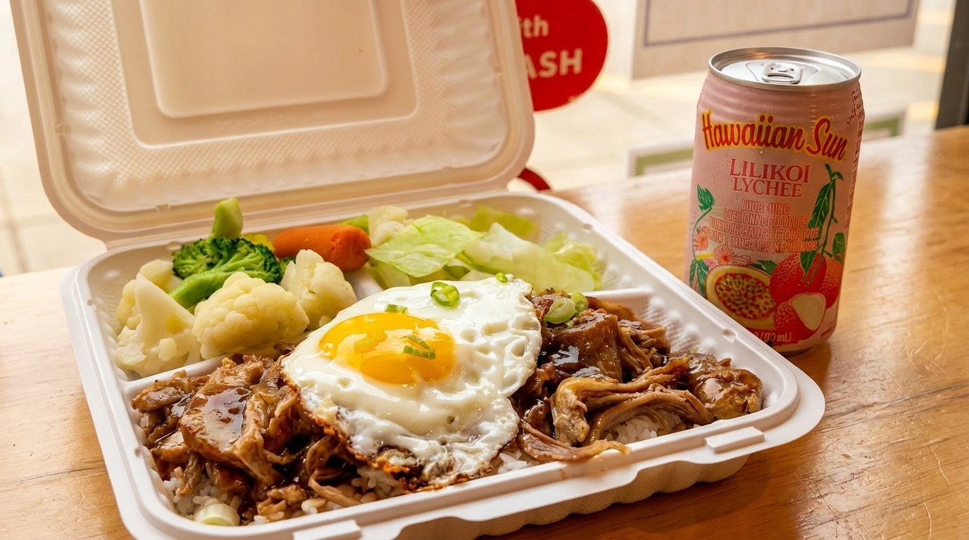 Hawaiian plate lunch with pulled pork, fried egg, rice, vegetables, and a Hawaiian Sun drink.