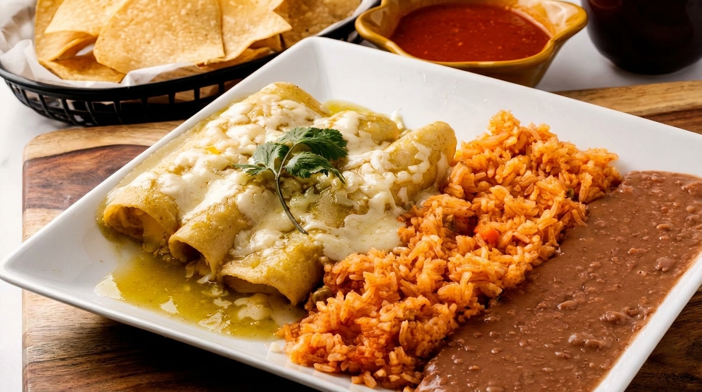 Three green enchiladas with melted cheese and cilantro, served with rice and refried beans.