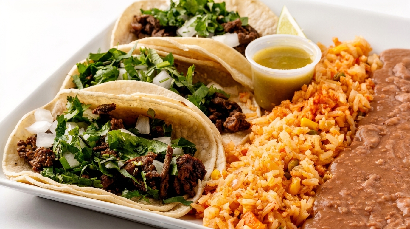 Three carne asada street tacos with cilantro and onions, served with rice and refried beans.