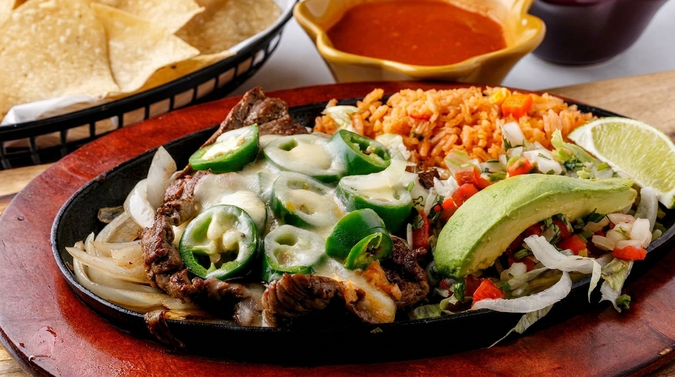 Sizzling fajitas with steak, melted cheese, jalapeños, onions, rice, avocado, and pico de gallo.