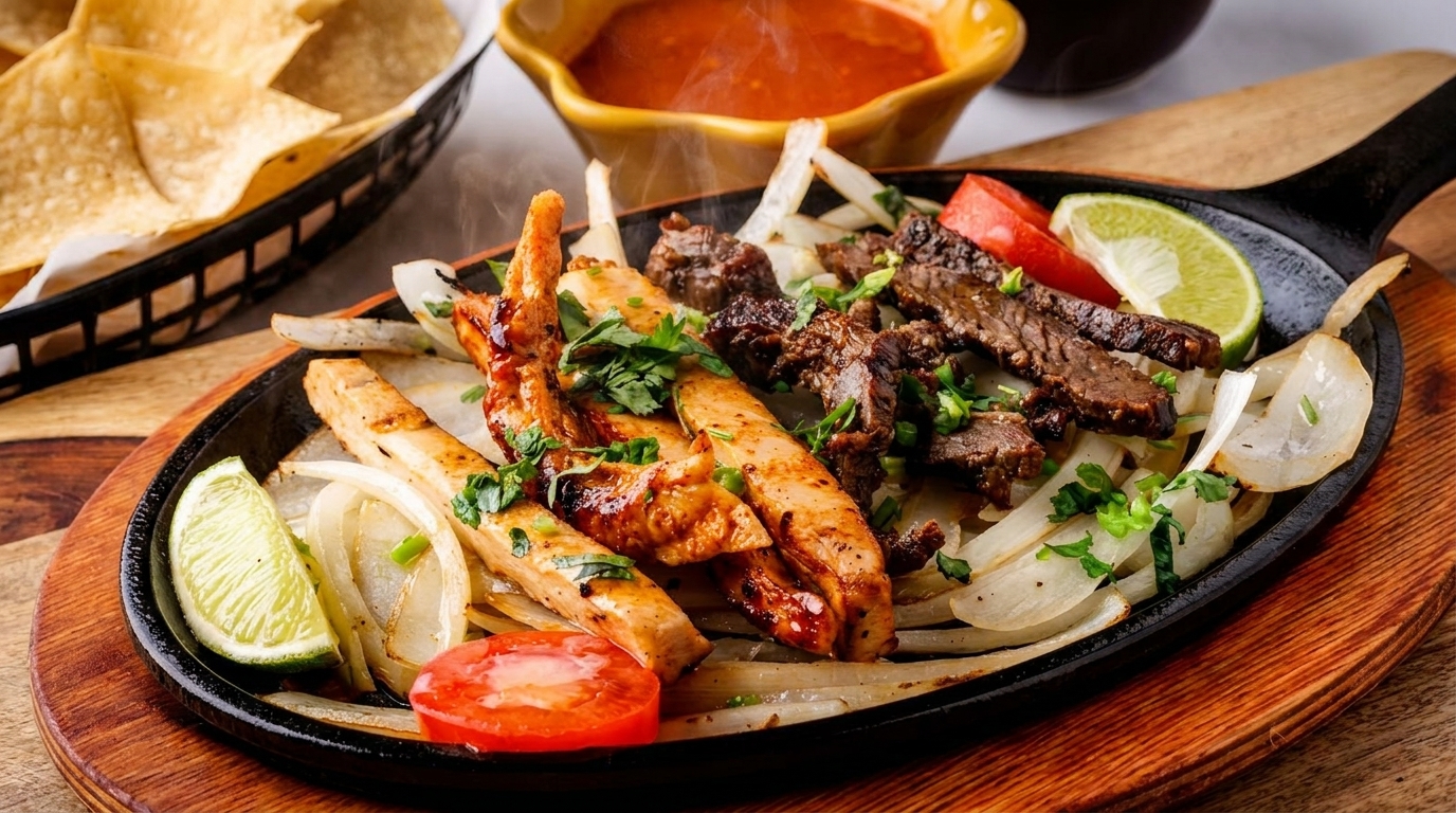 Sizzling chicken and beef fajitas with onions, tomatoes, and lime in a cast iron skillet.