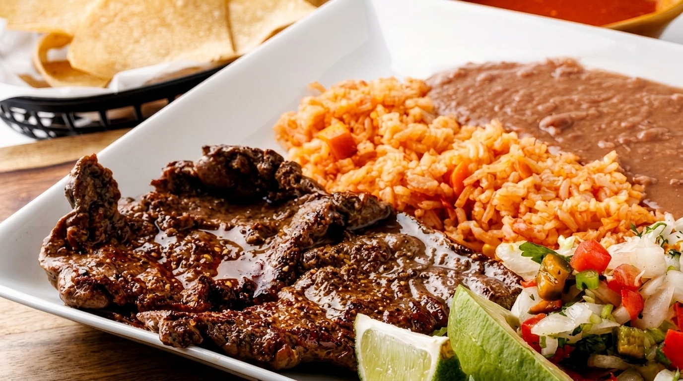 Carne asada with rice, refried beans, pico de gallo, and lime wedges on a white plate.