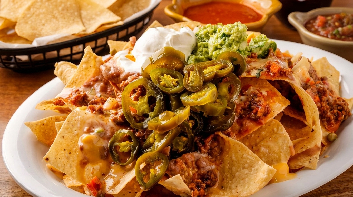 A large plate of nachos with ground beef, melted cheese, jalapeños, sour cream, and guacamole.