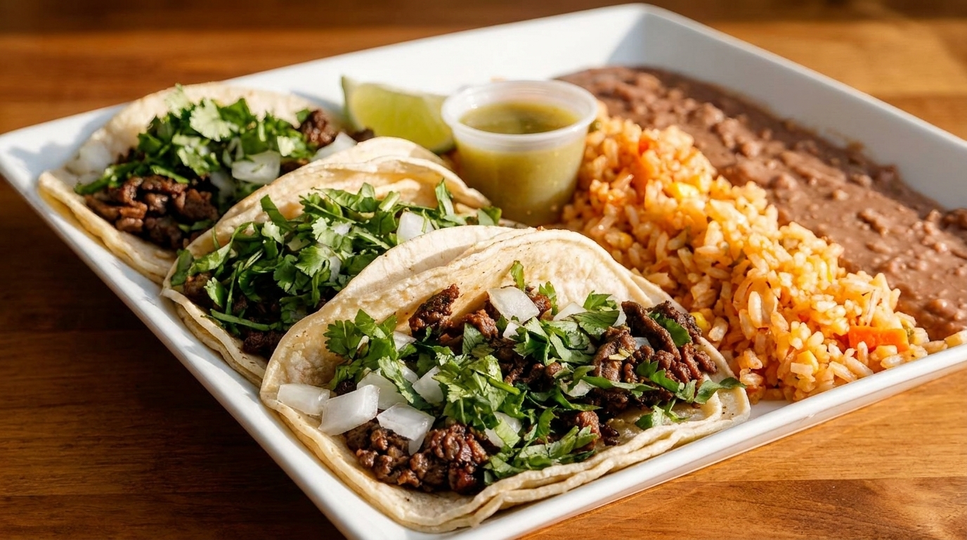 Three street tacos with cilantro and onions, served with rice, refried beans, and salsa.