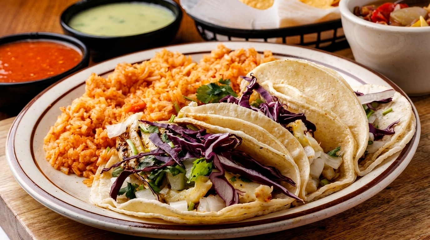 Three fish tacos with red cabbage and cilantro, served with rice, salsa, and guacamole.
