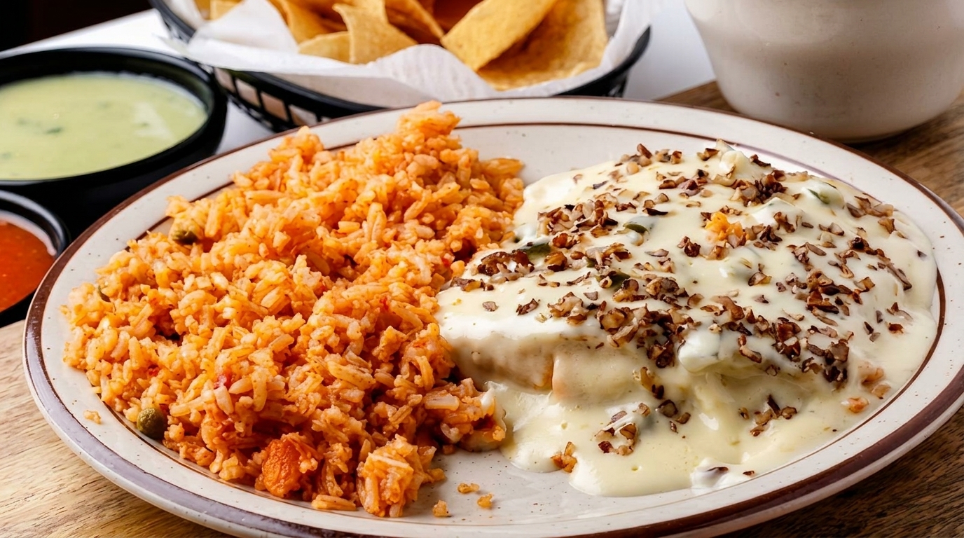 A plate of Mexican food with red rice and a dish covered in white sauce and nuts.