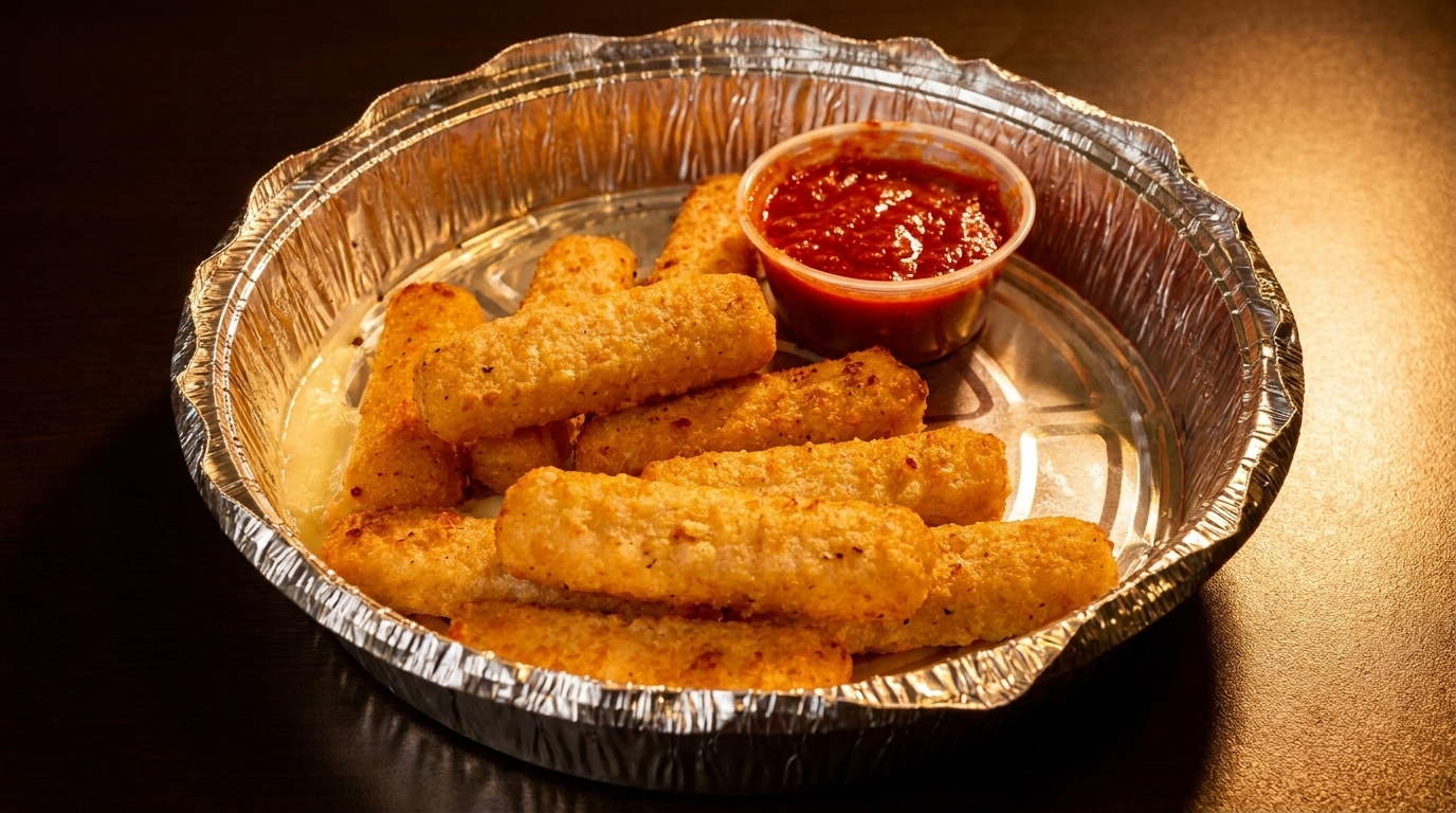 Golden-brown mozzarella sticks with marinara sauce in a foil container on a dark surface.
