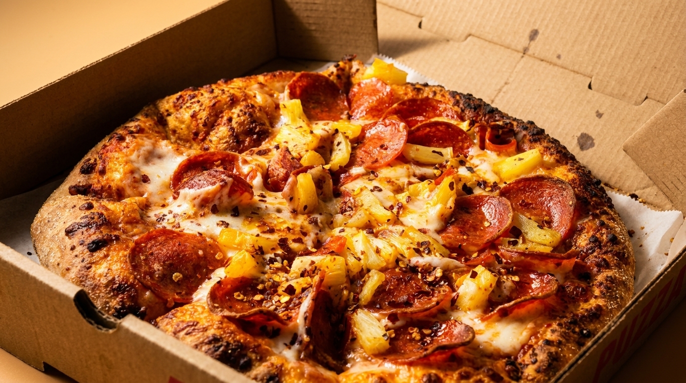 A hot pepperoni and pineapple pizza with red pepper flakes in a cardboard delivery box.