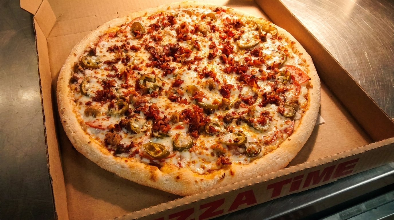 A whole pizza with cheese, pepperoni, jalapeños, and tomatoes in a Pizza Time box.