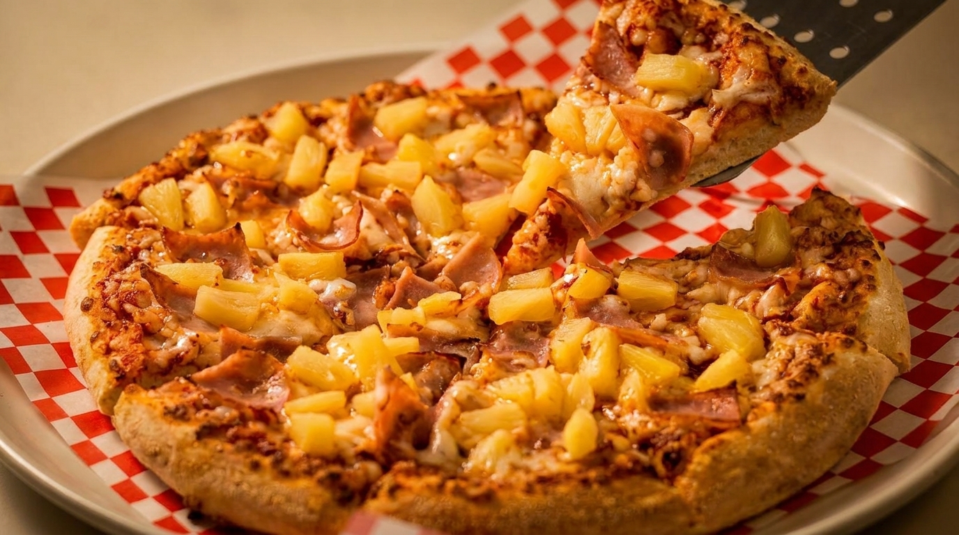 A slice of Hawaiian pizza with ham and pineapple being lifted from a whole pizza on a red checkered paper.