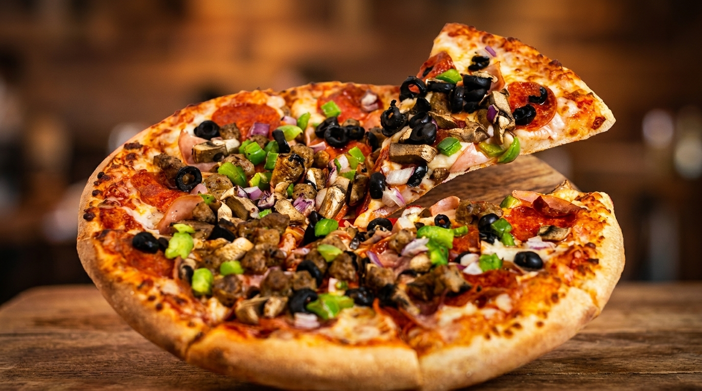 A slice of supreme pizza with pepperoni, sausage, olives, mushrooms, and peppers being lifted.