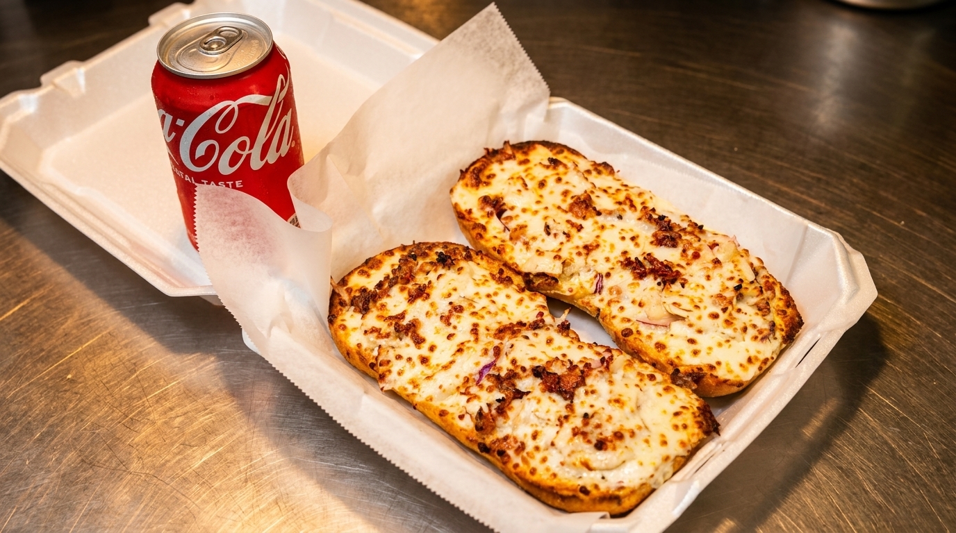 Two cheesy breadsticks with toppings and a red Coca-Cola can in a white takeout container.