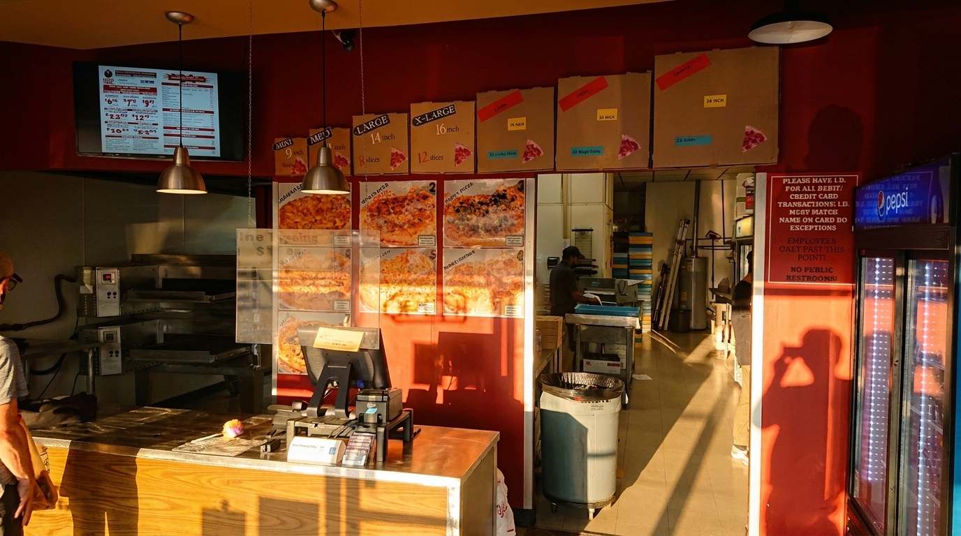 A pizza shop interior with a counter, menu, pizza boxes, and a person standing.