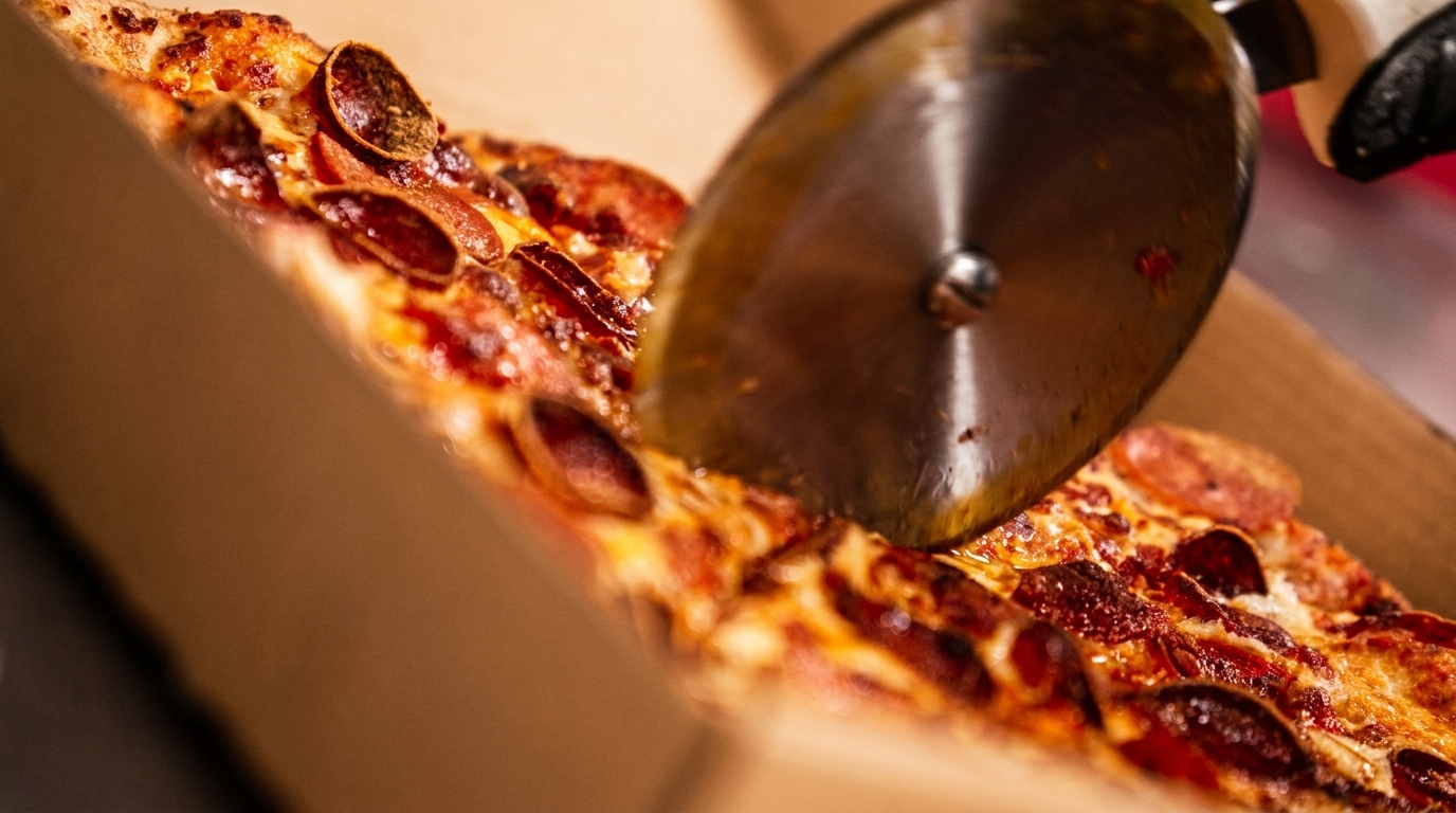 A pizza cutter slices through a hot pepperoni pizza in a cardboard box.