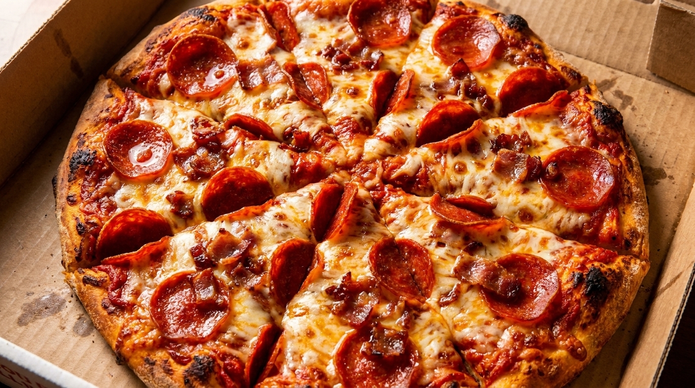 A freshly baked pepperoni and bacon pizza, sliced and ready to eat in a cardboard delivery box.